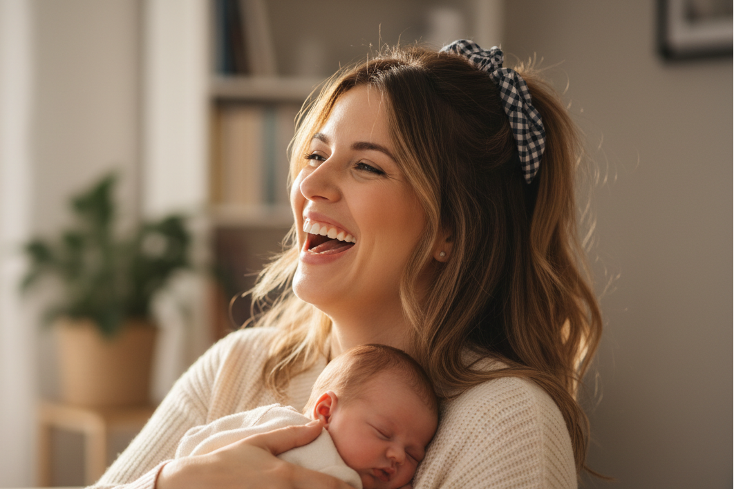 femme qui rit avec un chouchou vichy bleu marine dans les cheveux et un bébé dans les bras